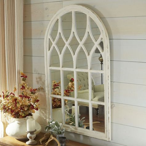 Whitewashed Arch Window Mirror | Pier 1 Imports Window Mirror Decor, Arched Window Mirror, Arch Window, Distressed Walls, Wood Wall Mirror, Window Mirror, Arched Windows, Indoor Patio Furniture, Round Wall Mirror