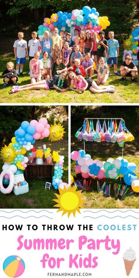 Learn how to create an unforgettable outdoor summer party for kids with decoration ideas, drinks, snacks, activities, favors, and more! Get all the details and tons more party ideas now at www.fernandmaple.com. Summer Theme Birthday Party Ideas, Summer Birthday Party Ideas 6, Summer 4th Birthday Party Ideas, Summer Fete Ideas, Summer Party Activities For Kids, Girls Summer Birthday Party Ideas, Summer Party Ideas For Kids, Summer Party Kids, Kick Off To Summer Party