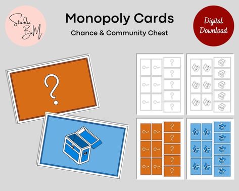 Monopoly Cards, Chance and Community Chest, Custom Monopoly Game, Printable  Digital Download - Etsy New Zealand Chance Cards Monopoly, Monopoly Chance Cards, Monopoly Theme, Custom Monopoly, Monopoly Cards, 90 Day Plan, Monopoly Game, Classic Board Games, Birthday Card Template