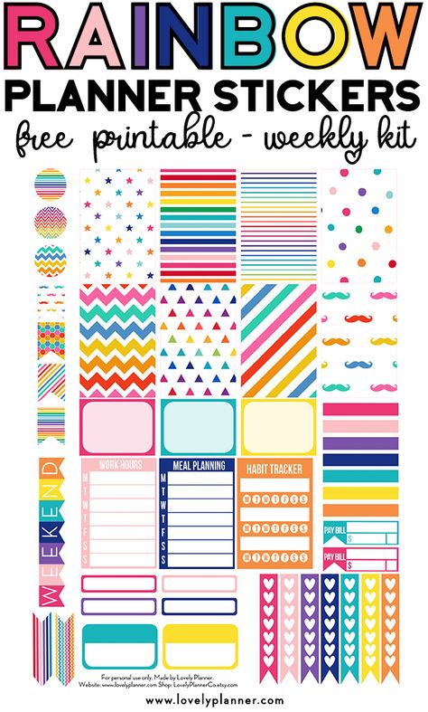 Free Printable Rainbow Planner Stickers. This weekly kit includes different types of planner stickers: meal planning, habit tracker, checklists, half boxes, full boxes, etc. Made to fit the Classic Happy Planner. Many other matching free rainbow planner stickers available! #plannerstickers #freeplannerstickers #lovelyplanner Free Printable Rainbow, Fitness Planner Stickers, Canva Planner, Happy Planner Printables, To Do Planner, Free Printable Planner Stickers, Types Of Planners, Free Planner Stickers, Classic Happy Planner