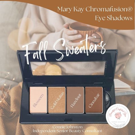 The "Fall Sweaters" eye colors remind me of dressing for a hayride on a crisp autumn evening. The trendy golden hues are sure to match your autumn outfits and take your makeup up a notch. Mary Kay Chromafusion® Eye Shadow Visualize the most stunning, pigment-rich eye shadow imaginable in a lifeproof formula that holds strong for 12 hours.* Add a spectrum of sensational shades curated by top international makeup artists. Can you have it all? Absolutely! Open your eyes to the new Mary Kay Chro... Mary Kay Eyeshadow, Autumn Evening, Hello November, Mary Kay Business, Crisp Autumn, Beauty Consultant, Mary Kay Makeup, Autumn Outfits, Open Your Eyes