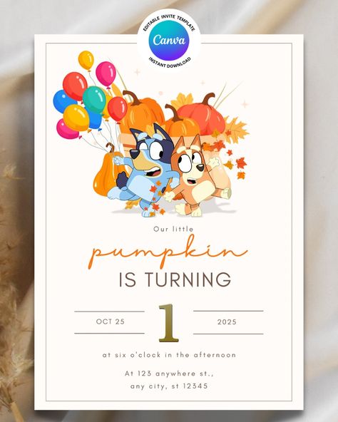 Fall Themed Bluey Birthday Invitation . . . #birthdayinvitations #kidsbirthdayparty #kidsinvitations #kidsparty #kidsbirthday #kidsbirthdaytheme #blueybirthday #kidsbirthdayideas #mahmabyrd Fall Bluey Birthday, Bluey Birthday Party Invites, Bluey Birthday Invitation, Bluey Party, Kids Birthday Invitation, Bluey Birthday, Kids Birthday Theme, Printable Invitation Templates, Birthday Invitations Kids