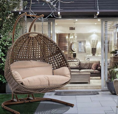 Hanging Egg Chair with Stand, 2 Person Heavy Duty Hanging Wicker Rattan Swing Chair Basket Hammock Nest Chair Seat for Indoor Outdoor Patio Lounger Swinging Loveseat (Beige) #eggchair #patio #sunmer #outdoor #outdoorpatio #patioideas #poolside#poolfurniture #poolideas Nest Chair, Swing Chair Outdoor, Bedroom Patio, Hanging Egg Chair, Outdoor Bedroom, Patio Swing, Swing Chair, Beige Cushions, Hammock Chair