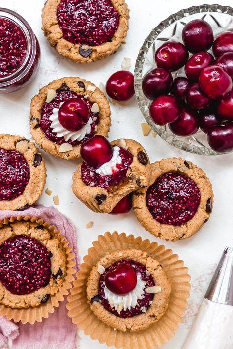 Cherry Chia Jam, Cookie Dough Cups, Almond Frangipane, Chocolate Cherry Cookies, Cherry Bakewell, Cherry Cookies, Chia Jam, Cookie Dough Balls, Coconut Whipped Cream