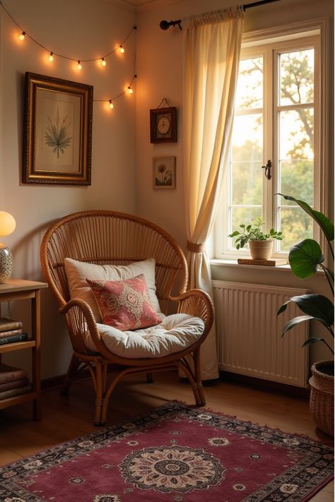 Boho bedroom corner with peacock chair, rugs, and string lights Boho Rattan Bedroom, Cozy Reading Corner Bedroom, Boho Reading Corner, Boho Reading Nook, Rattan Bedroom, Boho Bedroom Decor Ideas, Floral Bedspread, Cozy Reading Corners, Cozy Boho