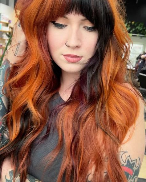 Red Color Blocking Hair, Black And Orange Color Block Hair, Copper And Brown Color Block Hair, Auburn Black Hair, Copper And Red Hair, Black And Auburn Hair, Tortoiseshell Hair, Alt Hair Color, Black And Ginger Hair