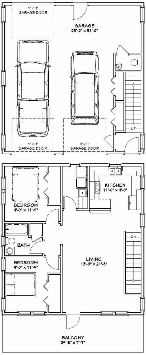 30X32 HOUSE -- 2 bedroom 1.5 Bath -- 986 sqft -- PDF Floor Plan -- Model 1I $29.99 - PicClick House Plans With Garage, Garage Apartment Floor Plans, Plan Garage, Carriage House Plans, Garage Loft, Garage Apartment Plans, Trendy Apartment, Apartment Floor Plan, Garage Floor Plans