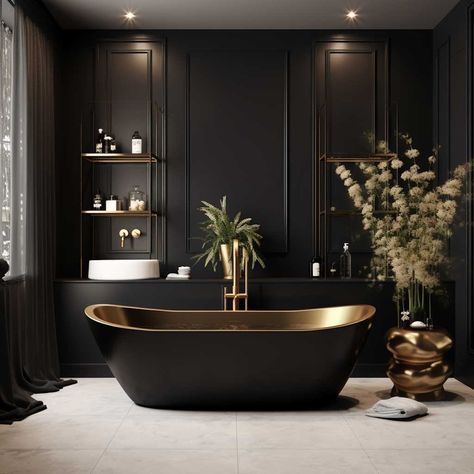 Small Black Bathroom, Frameless Glass Shower Enclosure, Black Bathtub, Modern Fixtures, Black Tub, Glam Bathroom, Bathroom Design Black, Painted Bathroom, Luxury Paints