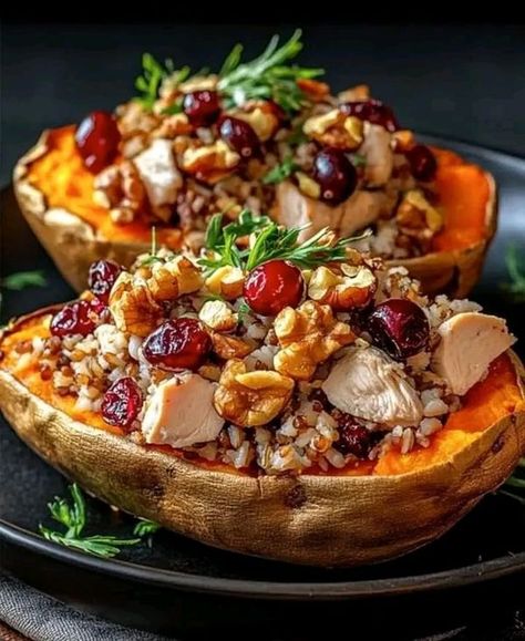 Valerie Bertinelli Recipes | Loaded Turkey & Cranberry Stuffed Sweet Potatoes A Holiday Flavor Explosion | Facebook Roast Turkey And Cranberry Stuffed Sweet Potato, Roast Turkey And Cranberry Stuffed Sweet Potatoes, Turkey And Cranberry, Stuffed Sweet Potato, Sweet Potato Thanksgiving, Mary Berry Recipe, Shredded Turkey, Stuffed Sweet Potatoes, Roast Turkey