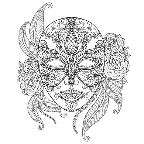 Mask Template Printable, Lady Face, Mask Drawing, Free Adult Coloring Pages, Line Art Design, Mom Diy, Carnival Masks, Collage Illustration, Masks Art