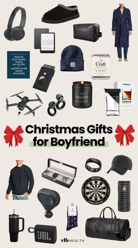 a collage of Christmas gifts for boyfriend including a mini speaker, golf socks, and a cozy robe. Gifts For Boy Best Friend, Husband Gifts For Christmas, Men’s Gift Basket Ideas Diy, Men Gift Basket Ideas For Him, Christmas Box Ideas For Boyfriend, Men’s Gift Ideas, Christmas Present Ideas For Boyfriend, Boyfriend Gift Guide, Christmas Gifts For Guys