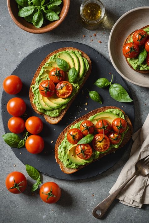 A photo of a  Avocado Toast with Roasted Tomatoes which is a type of Avocado toast Avocado Toast Breakfast Aesthetic, Cultural Breakfast, Toast Combinations, Brunch Plating, Toast And Avocado, Breakfast With Avocado, Avocado Toast And Egg, Breakfast Toast Ideas, Toast Photography