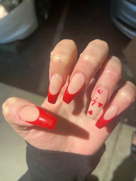 red french tip nails in coffin shape Nail Inspo Coffin Initial, Simple Valentines Nails With Initial, Cute Nail With Initial, February Nails Ideas Valentines Day With Initial, Nails With The Letter V On Them, Valentines Day Nails With Letter, Nails With Hearts And Initials, Acrylics With J Initial Nails, Initial Nails With Heart