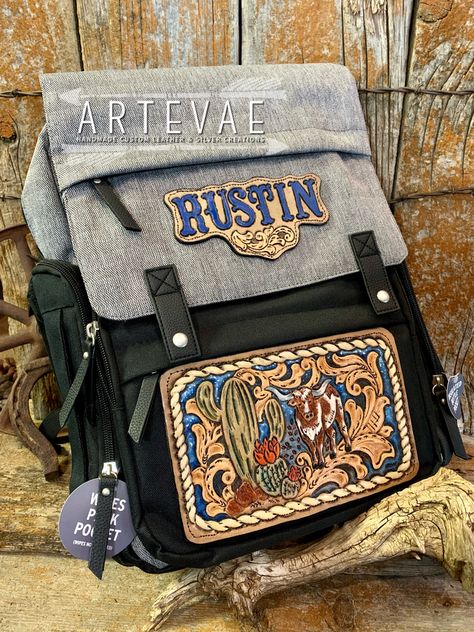 Tooled Leather Diaper Bag, Tooled Backpack, Tooled Leather Patch, Hand Tooled Western Bags, Brown Hand Tooled Bag For Rodeo, Western Diaper Bag, Leather Diaper Bag Backpack, Backpack Ideas, Western Nursery Baby Boy Dbc Baby Bedding Co.