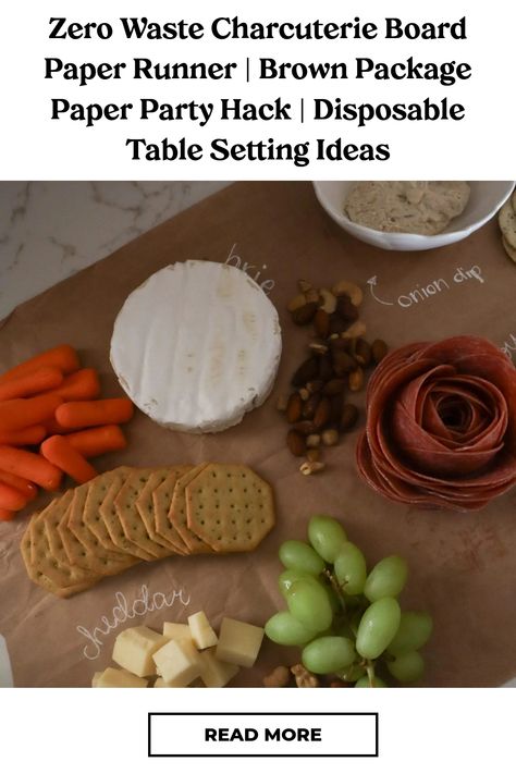 Charcuterie board with brie, cheddar, crackers, carrot sticks, nuts, grapes, and onion dip, labeled on brown paper. Paper Charcuterie Board, Disposable Table Setting, Wrap Snack, Brown Paper Packaging, Snack Platters, Charcuterie Board Diy, Food Label Template, Charcuterie Display, Wooden Christmas Eve Box