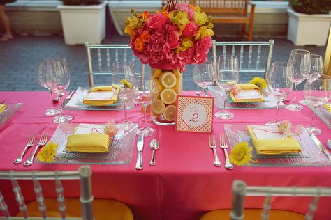 yellow/pink decor Pink Yellow Party, Hot Pink Wedding Colors, Yellow Party Decorations, Yellow Wedding Decorations, White Tablescape, Hot Pink Wedding, Yellow Wedding Theme, Wedding Color Combinations, Pink Wedding Colors