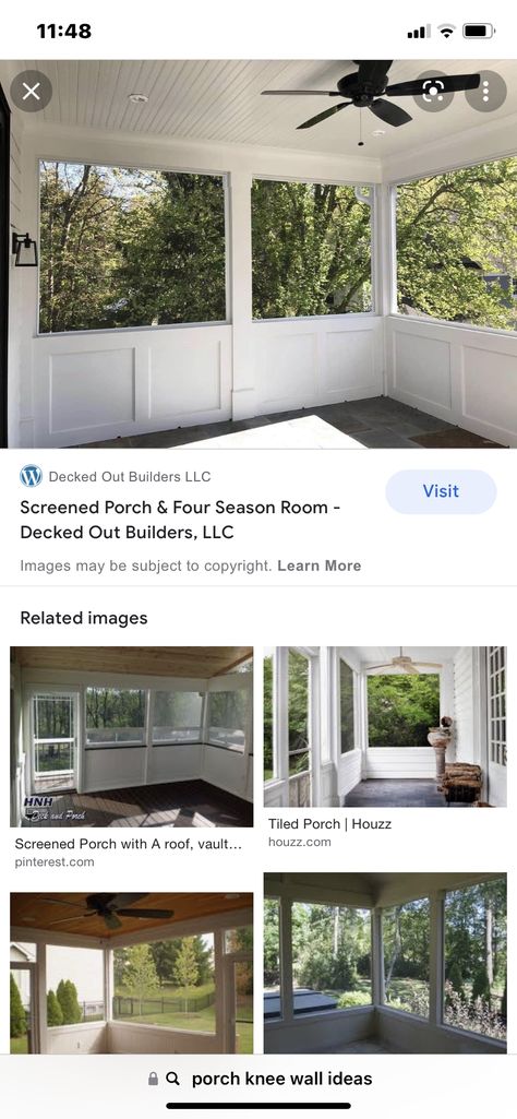 Screened In Porch Knee Wall, Screen Porch With Knee Wall, Screened In Porch With Solid Knee Wall, Screened In Porch With Half Wall, Knee Wall Screened In Porch, Porch Knee Wall Ideas, Porch Knee Wall, Front Porch Addition, Different House Styles