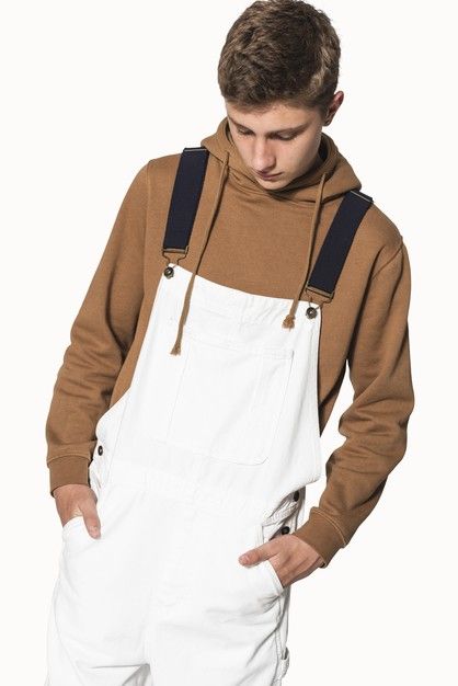 Teenage boy in white dungarees and brown... | Free Photo #Freepik #freephoto #man #clothes #person #boy Cute Dungarees, Overalls Boy, White Dungarees, Streetwear Photoshoot, Apparel Mockup, Space Explorer, Brown Hoodie, Hoodie Streetwear, Ginger Girls