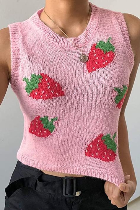 Shop Millie Bobby Brown's Strawberry Sweater Vest on Amazon Strawberry Vest, Crop Top Styles, Preppy Mode, Pink Sweat, Pull Rose, Sleeveless Sweater Vest, Kawaii Crochet, Knit Outerwear, Concert Outfits