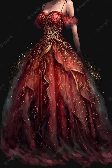 Red And Gold Dress Gowns, Red And Gold Fantasy Dress, Red And Gold Dress Formal, Red And Gold Ball Gown, Gold Fantasy Dress, Red Fantasy Gown, Red Fantasy Dress, Red And Gold Prom Dress, Ballgown Aesthetic