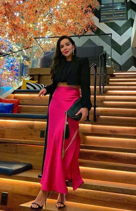 Hot Pink Long Skirt Outfit, Pink Satin Maxi Skirt Outfit, Pink Satin Skirt Outfit Classy, Hot Pink Maxi Skirt Outfit, Hot Pink Silk Skirt Outfit, Long Pink Skirt Outfit Ideas, Hot Pink Skirt Outfit Ideas, Hot Pink Satin Skirt Outfit, Pink Long Skirt Outfit