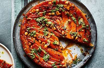 Carrot Tarte Tatin Recipe | Waitrose & Partners Carrot Tart, Tart Tatin, Tarte Tatin Recipe, Sweet Carrots, Vegetarian Roast, Herb Dressing, Sweet Carrot, Ingredients List, Food Writing