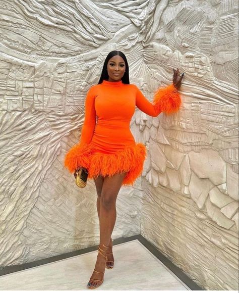 Orange Dress Birthday Outfit, Orange Bday Outfit, Orange Birthday Dress Black Women, Orange Birthday Dress, Bday Dresses, 26 Birthday, Feather Cocktail Dress, 23 Birthday, Dinner Gown