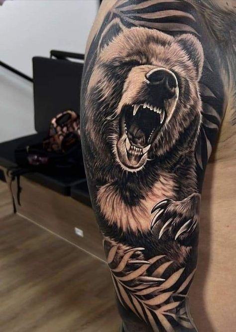 Bear Sleeve Tattoo, Grizzly Bear Tattoos For Men, Big Bear Tattoo, Grizzly Bear Tattoos, Beer Tattoos, Tattoo Ideas Males, Tattoo 2024, Bear Tattoo Designs, Animal Sleeve Tattoo