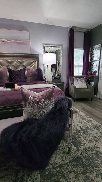 Dusky Lilac Bedroom, Amethyst Bedroom Ideas, Purple Grey And Black Bedroom, Purple Master Bed, Women Bedroom Decor Ideas, Modern Glam Bedroom Ideas, Purple And Grey Bedroom Ideas For Women, Purple And Silver Bedroom Ideas, Glam Master Room Bedroom Ideas