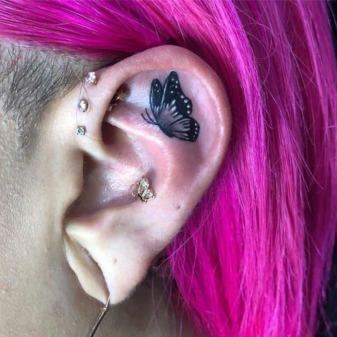 Butterfly Ear Tattoo, August Tattoo, Inner Ear Tattoo, Cartilage Earrings Chain, Meaningful Wrist Tattoos, Bolt Tattoo, Ear Tattoos, Inner Ear, Ear Chain