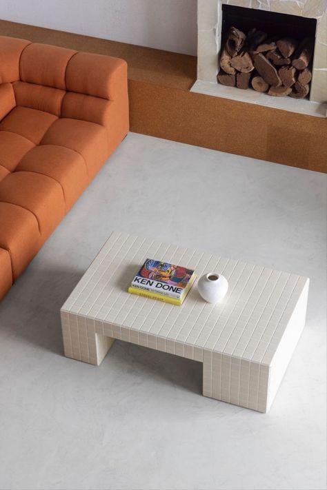 Tiles Furniture Diy, White Tile Coffee Table, Ceramic Tile Furniture, Tiles Coffee Table, Home Coffee Aesthetic, Tile End Table, Tiled Coffee Table Diy, Tiled Bedside Table, Sculptural Coffee Table