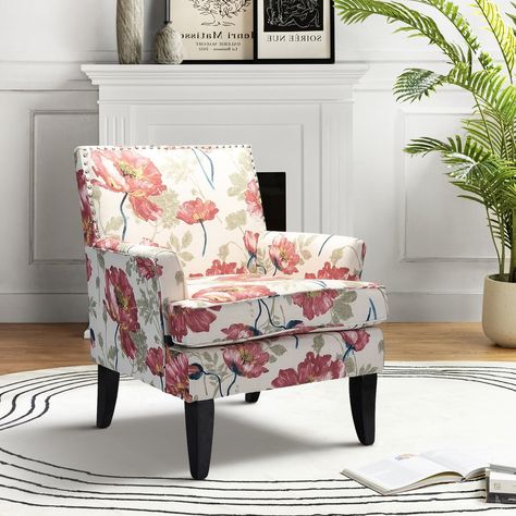 14 Karat Home Upholstery Armchair Nailhead Trim Comfy Adult Accent Chair Wood Legs Living Room Red - Walmart.com Floral Accent Chair, Floral Armchair, Upholstery Armchair, Living Room Red, Upholstered Armchair, Bedroom Red, Fabric Red, Nursery Furniture Sets, Chair Sofa