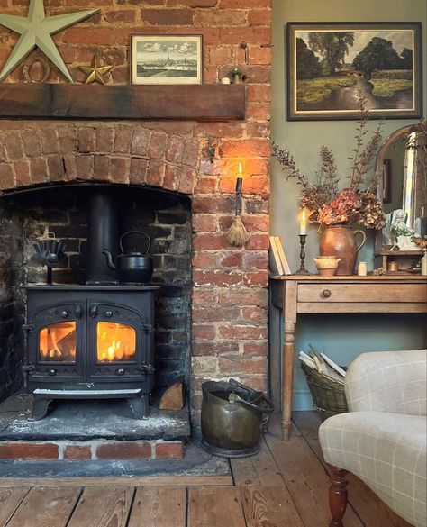 Wood Burning Stove Corner, Victorian Home Renovation, Exposed Brick Fireplaces, Stove Decor, Wood Burning Stoves Living Room, Log Basket, Wood Stove Fireplace, Inglenook Fireplace, Old Fireplace