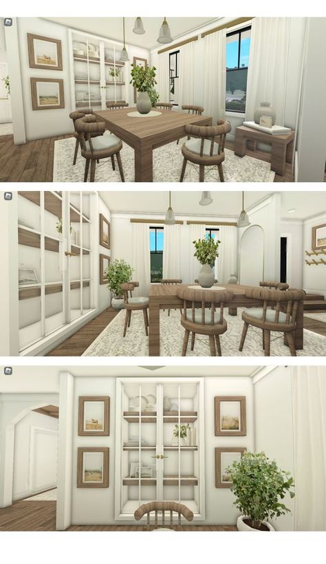 Roblox Dining Room Ideas Bloxburg, Bloxburg Cozy Interior, Bloxburg Dining Room Realistic, Blocksburg Dining Room Ideas, Bloxburg Dinning Rooms Realistic, Bloxburg Interior Ideas Dining Room, Aesthetic Dining Room Bloxburg, Bloxburg Custom Kitchen, Bloxburg Farmhouse Dining Room