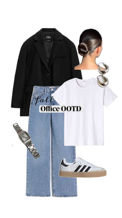 Outfit of the Day | Fall | Blue Jeans | Blazer | White Tshirt | Silver Jewelry Tshirt And Blazer Outfit, Tshirt And Jeans Outfit, The Office Tshirt, Tshirt And Jeans, Office Ootd, Jeans And T Shirt Outfit, Fall Blue, Jeans Blazer, Ootd Fall