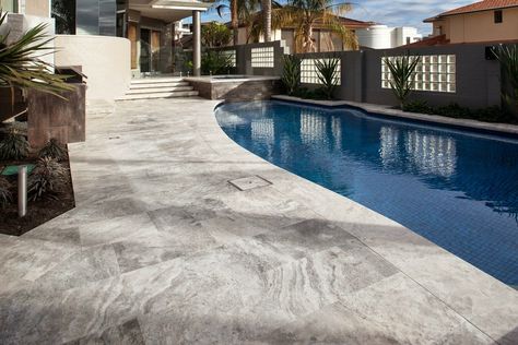 Silver Travertine Pool Coping - POOL COPING TILES - NON SLIP STONE TILES FOR POOLS Inground Pool Pricing, Travertine Pool Deck, Pool Remodel Ideas, Stone Pool Deck, House Decorating Ideas Diy, Travertine Pool Decking, Pool Paving, Rehab Addict, Pool Surrounds