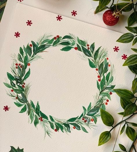 Painted Wreath Ornaments, Wreath Painting Christmas, Christmas Wreath Painting Acrylic, Christmas Wreath Drawing, Christmas Wresth, Christmas Wreath Painting, Painted Christmas Wreath, Christmas Wreath Illustration, Wreath Painting