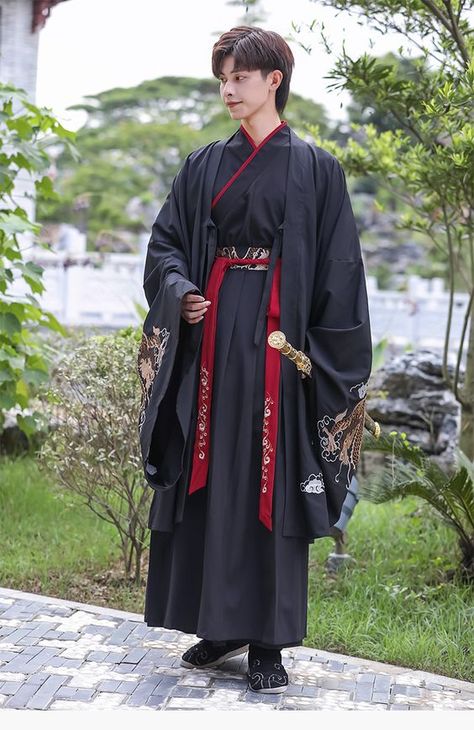 Black Hanfu Male, Japanese Traditional Clothing Men, Chinese Traditional Dress Men, Japan Traditional Clothes, Traditional Chinese Clothing Male, Chinese Traditional Clothing Men, Chinese Men's Clothing, Hanfu Design, Black Hanfu