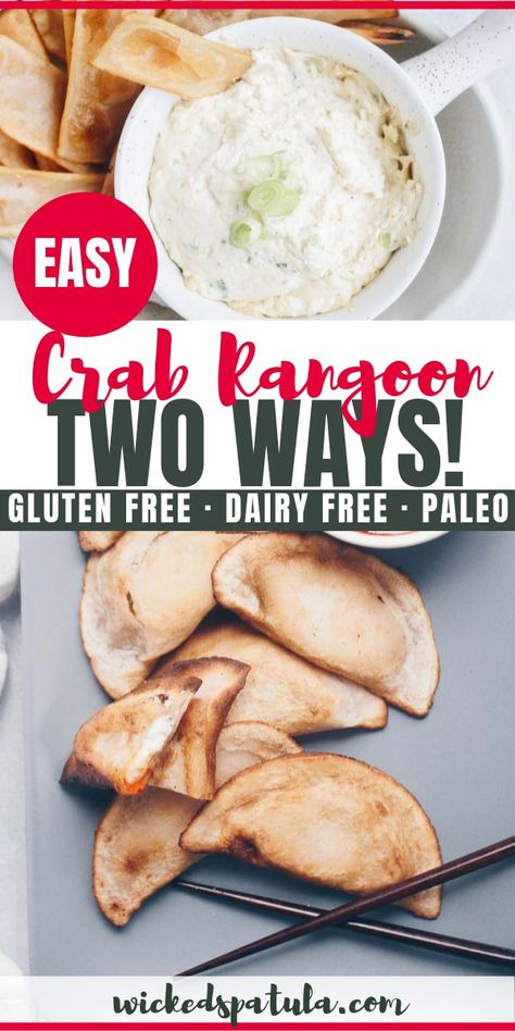 Gluten Free Crab Rangoon – This recipe for gluten free crab rangoon may be gluten free (even grain free!) but they’re just like I remember and made with high quality ingredients like pastured cream cheese, wild lump crab, and the wonton is made out of cassava flour. To make these paleo, I use dairy-free almond milk cream cheese instead of regular. #wickedspatula #paleo #glutenfree #dairyfree #appetizer #crab #rangoons Gluten Free Crab Rangoon, Rangoon Recipe, Crab Rangoon Recipe, Best Paleo Recipes, Crab Rangoon, Paleo Recipes Easy, Best Gluten Free Recipes, Easy Paleo, Gluten Free Snacks