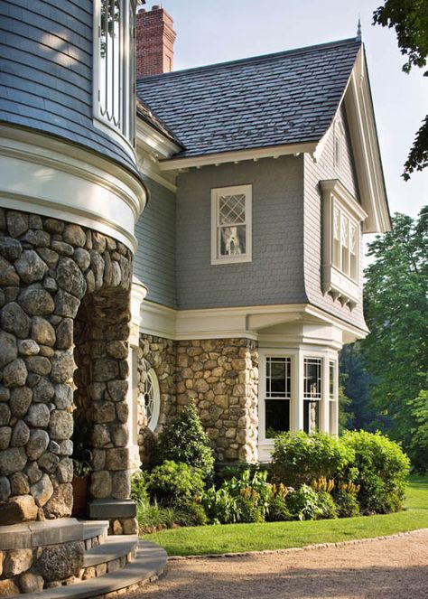 River Rock exterior facade with Bluestone stair treads and patio River Rock Exterior, Stone Wall Decoration, Rock Exterior, Craftsman Trim, Stone Exterior Houses, Home Idea, Wall Decoration Ideas, Craftsman Exterior, Stone Stairs