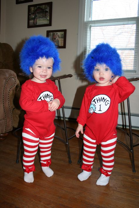 Thing 1 and Thing 2 from Dr. Seuss' Cat in the Hat Sibling Costumes, Thing One Thing Two, Sibling Costume, Thing 1 And Thing 2, Themed Halloween Costumes, Halloween Family, Birthday Idea, Cat In The Hat, Family Halloween Costumes