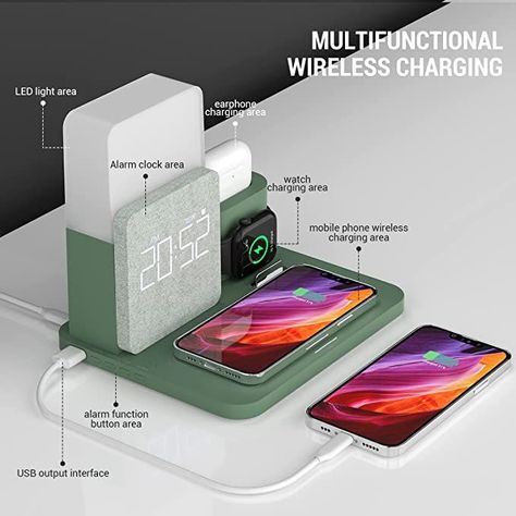 #homedecor #beddecor #bedsidetable #wirelesscharger #nightlight #tabletop #bedroomdecor Iphone Charging Station, Capas Samsung, Wireless Charging Station, Charger Station, Mobile Charger, Cable Storage, Charger Stand, White Russian, Watch Charger