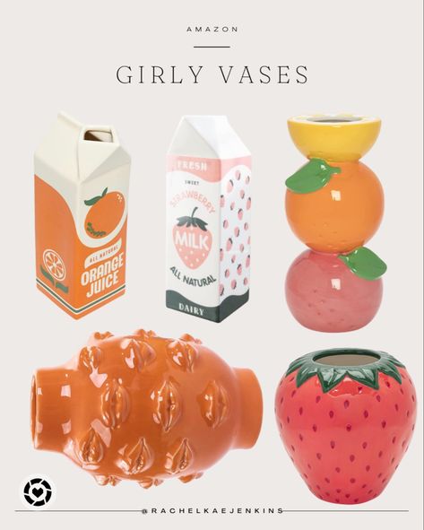 Amazon girly vases, juice carton, milk carton, citrus, lips, strawberry Milk Carton Vase, Milk Carton Clay, Ceramic Milk Carton, Paint Pottery, Juice Carton, Milk Carton, Strawberry Milk, Pottery Painting, Crafts To Do