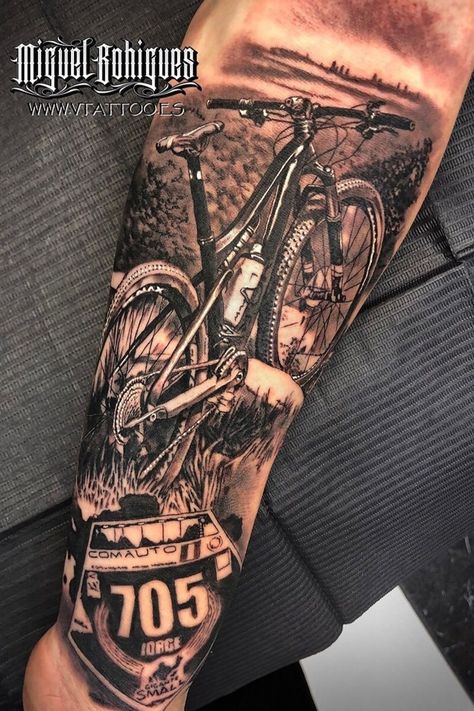 Mountain Bike Tattoo Ideas, Bike Tattoo Ideas, Cycling Tattoo, Mountain Bike Tattoo, Bike Tattoo, Tattoo Homme, V Tattoo, Bicycle Tattoo, Mountain Bike Art