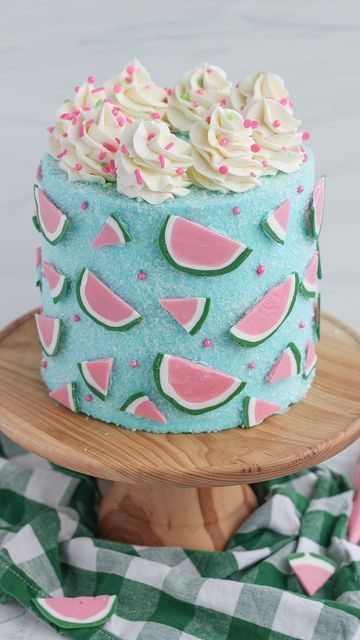 Mandy Merriman - Baking with Blondie on Instagram: "Summertime is still in full swing and what better way to celebrate than an icy blue cake covered in watermelons made with colorful @wiltoncakes candy melts? Here's how to make this fun design in a snap! 🍉 Start with melting white, pink, and green candy melts in the microwave for 30 seconds, stir. 🍉 Add the Candy Melts candy to a piping bag and snip off the tip. Pipe a circle of pink on a square of parchment paper. Repeat (pipe lots of circ Mandy Merriman, Baking With Blondie, Piping Bag, Green Candy, Blue Cakes, Wilton Cakes, Cake Cover, Vanilla Buttercream, Candy Melts