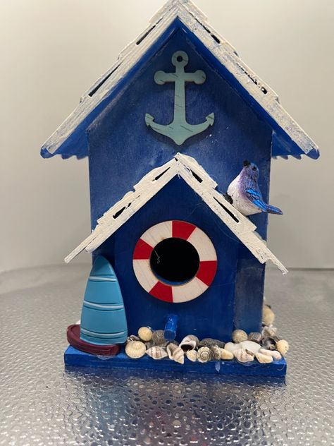 Beach House Birdhouse, Beach Theme Birdhouse, Nautical Birdhouse, Beach Birdhouse, Bird Feeder Craft, Coastal Farmhouse Decor, Birdhouse Craft, Seaside Theme, Homemade Bird Houses