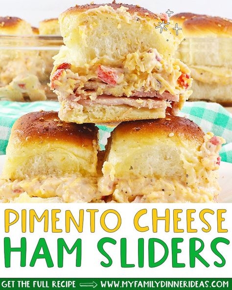 Pimento cheese & ham sliders loaded with homemade pimento cheese spread, ham, and topped off with garlic butter and sesame seeds. Pimento Cheese Quesadilla, Sugar Ham, Ham Sliders, Homemade Pimento Cheese, Pimento Cheese Spread, Hawaiian Roll Sliders, Kaiser Rolls, Pimiento Cheese, Cheese Sliders