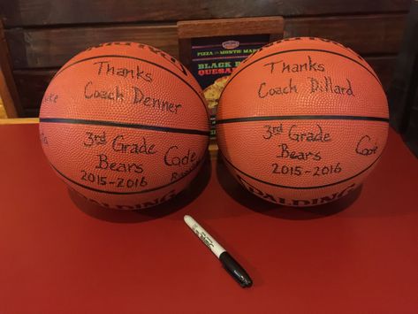 Coach's Gift! Basketballs that I had every player sign and were given to the Coaches at the End of Season Basketball Party! #Bears #2016 Ball Quotes, Coach Presents, Brother Ideas, Basketball Senior Night, Basketball Team Gifts, Balls Quote, Basketball Coach Gifts, Cupcakes For Boys, Ball Birthday Parties