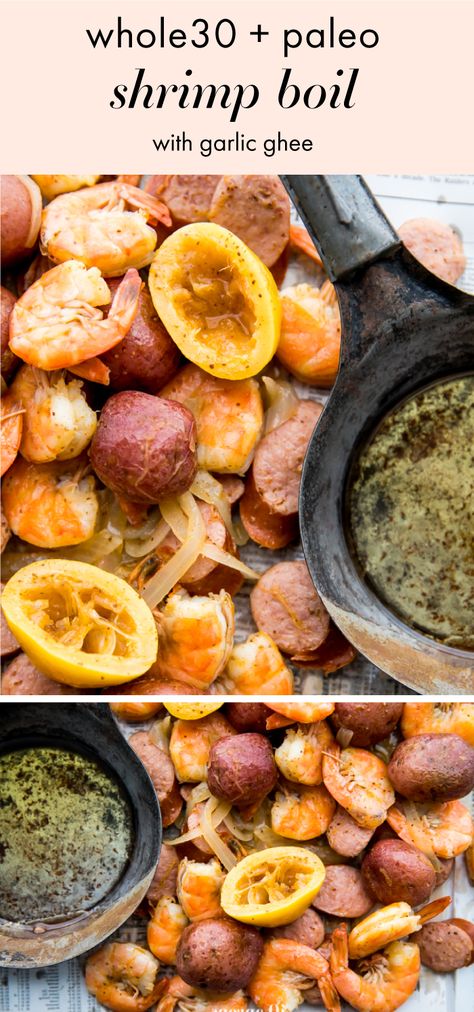 This Whole30 shrimp boil is a super flavorful and easy dish that’s perfect for warmer weather. With tender shrimp, creamy potatoes, and Whole30 kielbasa, this Whole30 shrimp boil is such a great weekend dish or dinner any time you want to kick back and enjoy spring and summer! With a garlic ghee to take things to the next level, this Whole30 shrimp boil recipe is certain to become one of your favorites. Shrimp Boil Recipe, Whole 30 Snacks, Clean Eating Lifestyle, Whole30 Dinners, Boiled Food, Shrimp Boil, Delicious Clean Eating, Healthy Summer Recipes, Kielbasa