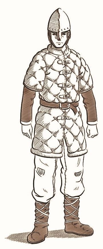 Common medieval armor types: Gambeson - a padded armor made from multiple layers of linen. It was cheap and surprisingly durable. The armor of the common man from the early middle ages into the high middle ages. #TheCenturionsCall Early Medieval Armor, Norman Armor, Gambeson Armour, 14th Century Armor, Byzantine Armor, Padded Armor, Middle Ages Clothing, 15th Century Armor, Medieval Gambeson